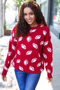 Game Day Football Print Jacquard Knit Sweater in Red