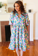 Load image into Gallery viewer, Can&#39;t Say No Mint &amp; Fuchsia Floral Notch Neck Bubble Sleeve Dress
