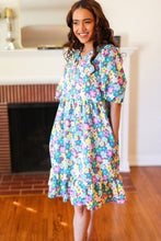 Load image into Gallery viewer, Can&#39;t Say No Mint &amp; Fuchsia Floral Notch Neck Bubble Sleeve Dress
