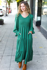 Beautiful You Smocked Ruffle Sleeve Maxi Dress in Green