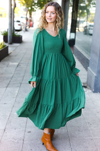 Beautiful You Smocked Ruffle Sleeve Maxi Dress in Green