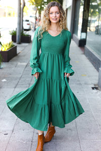 Beautiful You Smocked Ruffle Sleeve Maxi Dress in Green