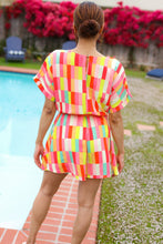 Load image into Gallery viewer, Eyes On You Coral &amp; Yellow Geo Abstract Surplice Woven Romper

