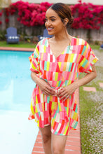 Load image into Gallery viewer, Eyes On You Coral &amp; Yellow Geo Abstract Surplice Woven Romper
