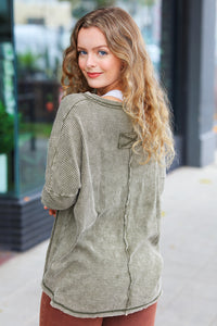 All In A Day Mineral Wash Waffle Oversized Cut Edge Top in Olive