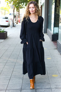 Beautiful You Smocked Ruffle Sleeve Maxi Dress in Black