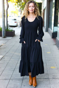 Beautiful You Smocked Ruffle Sleeve Maxi Dress in Black