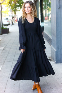 Beautiful You Smocked Ruffle Sleeve Maxi Dress in Black