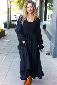 Beautiful You Smocked Ruffle Sleeve Maxi Dress in Black