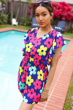 Load image into Gallery viewer, Feeling Bold Navy &amp; Fuchsia Flat Floral Smocked Waist Flutter Sleeve Romper
