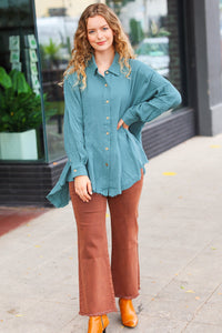 Feeling Bold Button Down Sharkbite Cotton Tunic Top in Teal