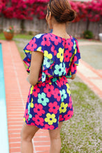 Load image into Gallery viewer, Feeling Bold Navy &amp; Fuchsia Flat Floral Smocked Waist Flutter Sleeve Romper
