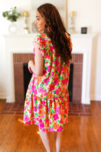 Load image into Gallery viewer, Be Charming Lime &amp; Pink Floral Print Tiered Ruffle Sleeve Dress
