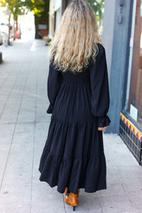 Beautiful You Smocked Ruffle Sleeve Maxi Dress in Black