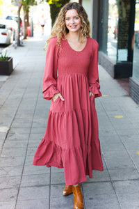 Beautiful You Smocked Ruffle Sleeve Maxi Dress in Marsala