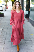 Load image into Gallery viewer, Beautiful You Smocked Ruffle Sleeve Maxi Dress in Marsala
