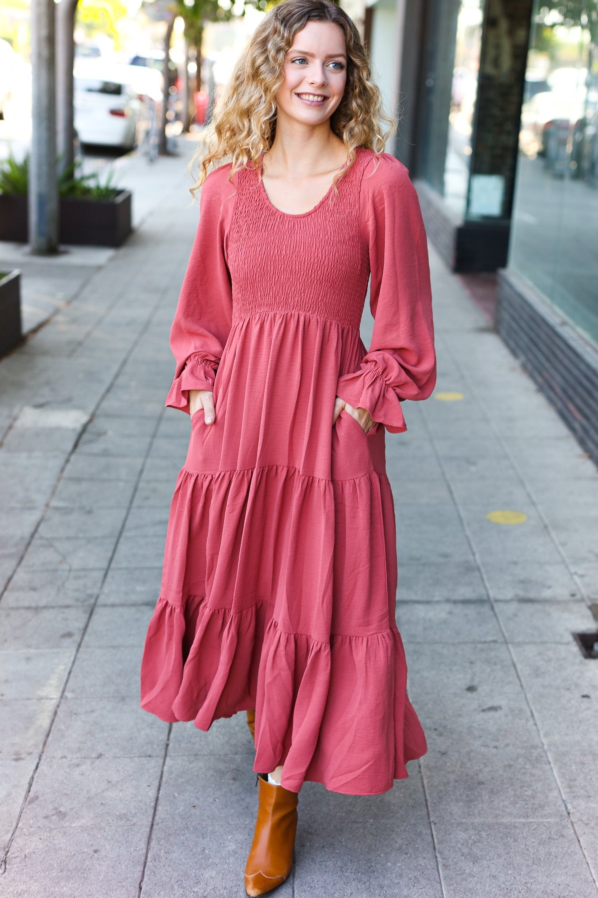 Beautiful You Smocked Ruffle Sleeve Maxi Dress in Marsala