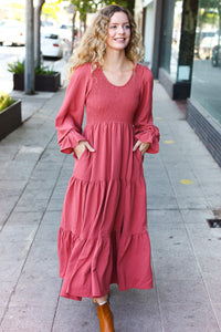 Beautiful You Smocked Ruffle Sleeve Maxi Dress in Marsala