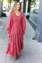 Load image into Gallery viewer, Beautiful You Smocked Ruffle Sleeve Maxi Dress in Marsala
