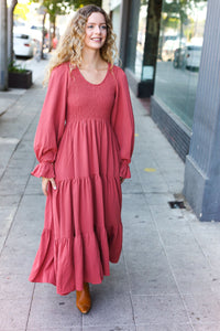 Beautiful You Smocked Ruffle Sleeve Maxi Dress in Marsala