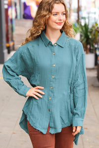 Feeling Bold Button Down Sharkbite Cotton Tunic Top in Teal