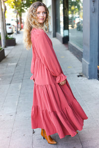 Beautiful You Smocked Ruffle Sleeve Maxi Dress in Marsala