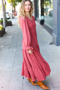 Beautiful You Smocked Ruffle Sleeve Maxi Dress in Marsala