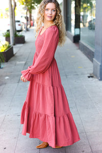 Beautiful You Smocked Ruffle Sleeve Maxi Dress in Marsala