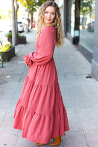 Beautiful You Smocked Ruffle Sleeve Maxi Dress in Marsala