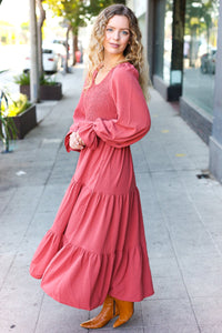 Beautiful You Smocked Ruffle Sleeve Maxi Dress in Marsala