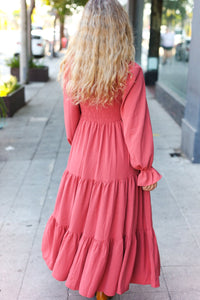 Beautiful You Smocked Ruffle Sleeve Maxi Dress in Marsala