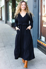 Load image into Gallery viewer, Beautiful You Pintuck Detail Frill V Neck Maxi Dress in Black
