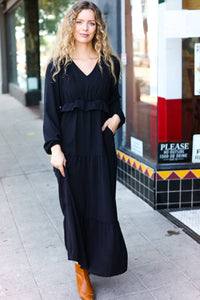 Beautiful You Pintuck Detail Frill V Neck Maxi Dress in Black