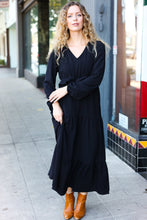 Load image into Gallery viewer, Beautiful You Pintuck Detail Frill V Neck Maxi Dress in Black
