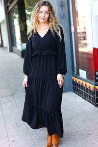 Beautiful You Pintuck Detail Frill V Neck Maxi Dress in Black