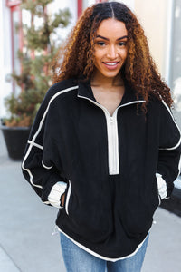 Catch Glances Cinched Waist Half Zip Up Fleece Jacket in Black