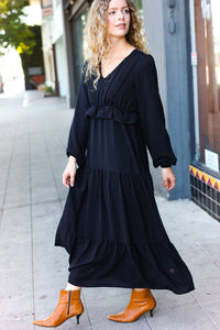 Beautiful You Pintuck Detail Frill V Neck Maxi Dress in Black