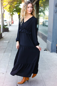 Beautiful You Pintuck Detail Frill V Neck Maxi Dress in Black