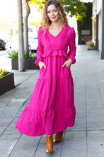 Load image into Gallery viewer, Beautiful You Pintuck Detail Frill V Neck Maxi Dress in Berry
