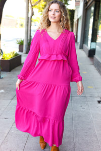 Beautiful You Pintuck Detail Frill V Neck Maxi Dress in Berry