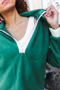 Catch Glances Cinched Waist Half Zip Up Fleece Jacket in Green