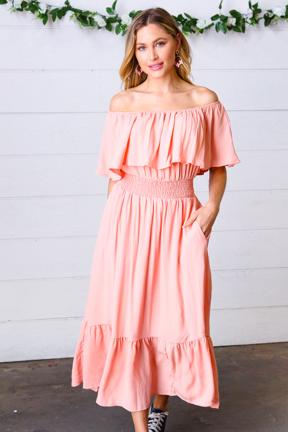 Good Living Smocked Waist Off-Shoulder Dress