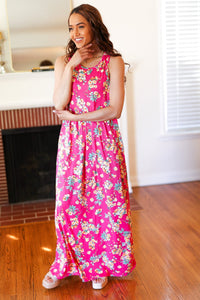 Floral Print Fit and Flare Sleeveless Maxi Dress in Pink