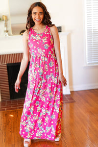 Floral Print Fit and Flare Sleeveless Maxi Dress in Pink