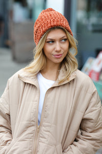 Knit Velvet Chenille Fold Over Beanie in Rust