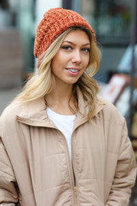 Knit Velvet Chenille Fold Over Beanie in Rust