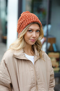 Knit Velvet Chenille Fold Over Beanie in Rust