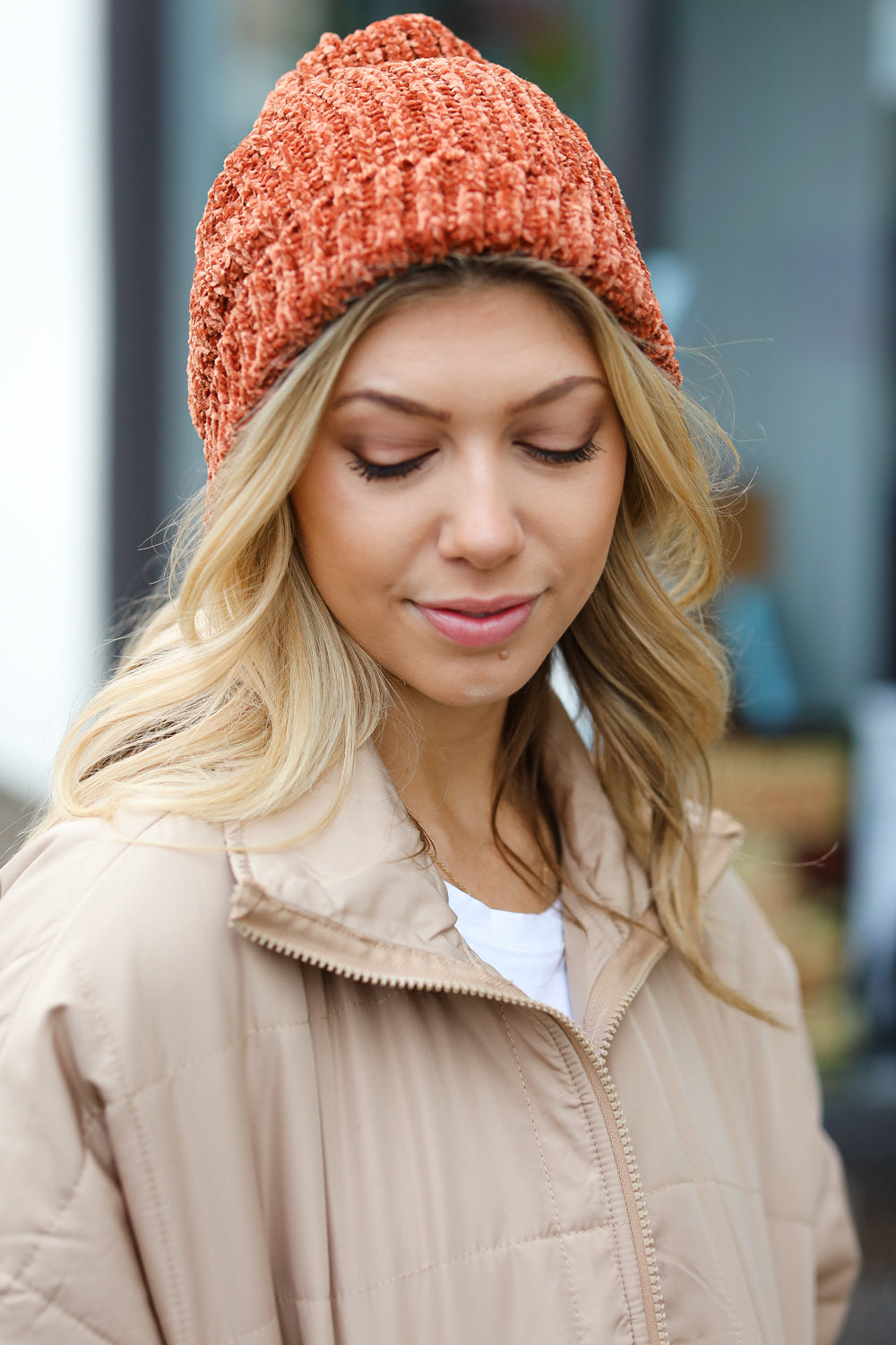 Knit Velvet Chenille Fold Over Beanie in Rust