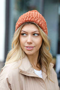 Knit Velvet Chenille Fold Over Beanie in Rust