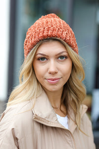 Knit Velvet Chenille Fold Over Beanie in Rust